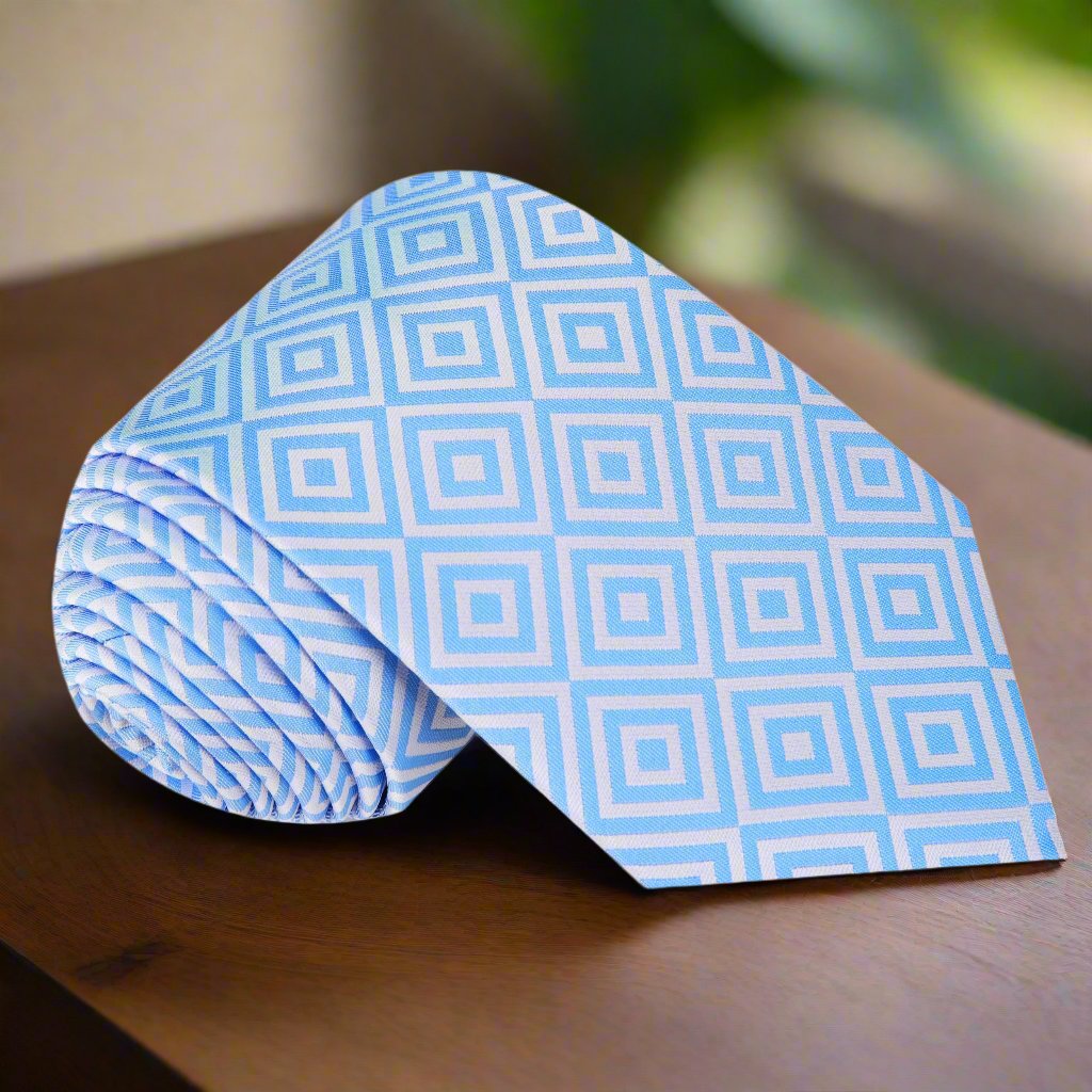 White, Light Blue Geometric Tie 