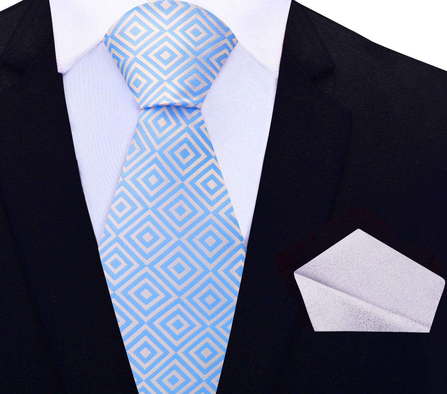 White, Light Blue Geometric Tie and Shimmer Silver Pocket Square