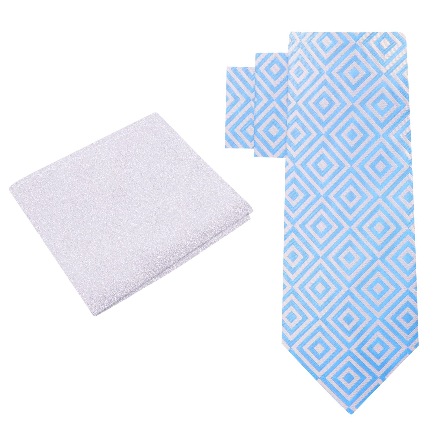 Alt View: White, Light Blue Geometric Tie and Shimmer Silver Pocket Square