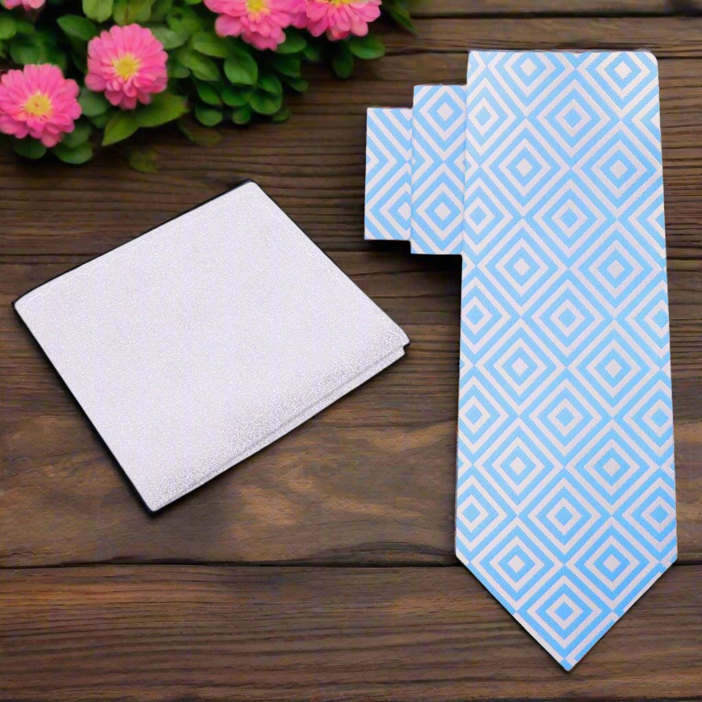 Alt View: White, Light Blue Geometric Tie and Shimmer Silver Pocket Square