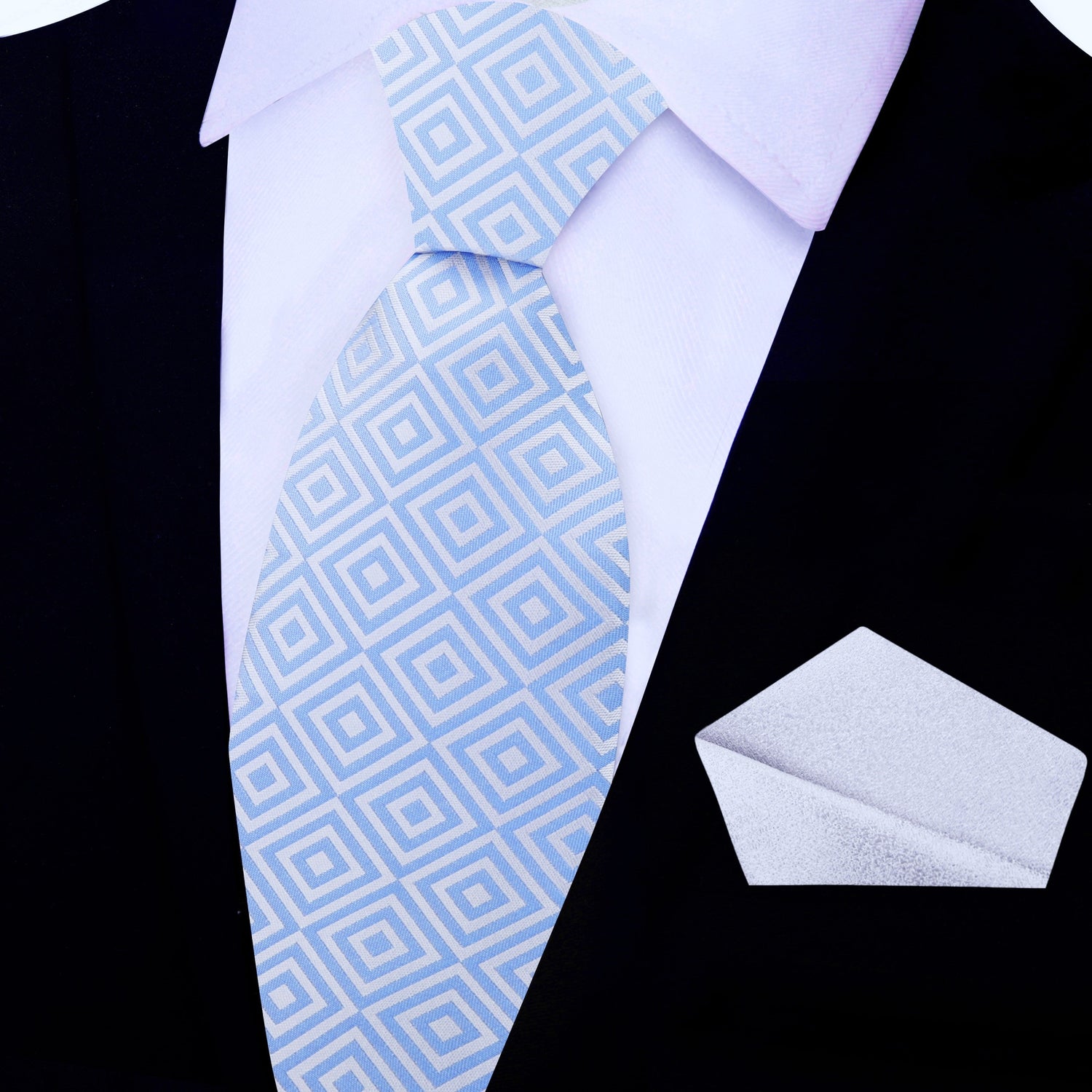 View 2: White, Light Blue Geometric Tie and Shimmer Silver Pocket Square