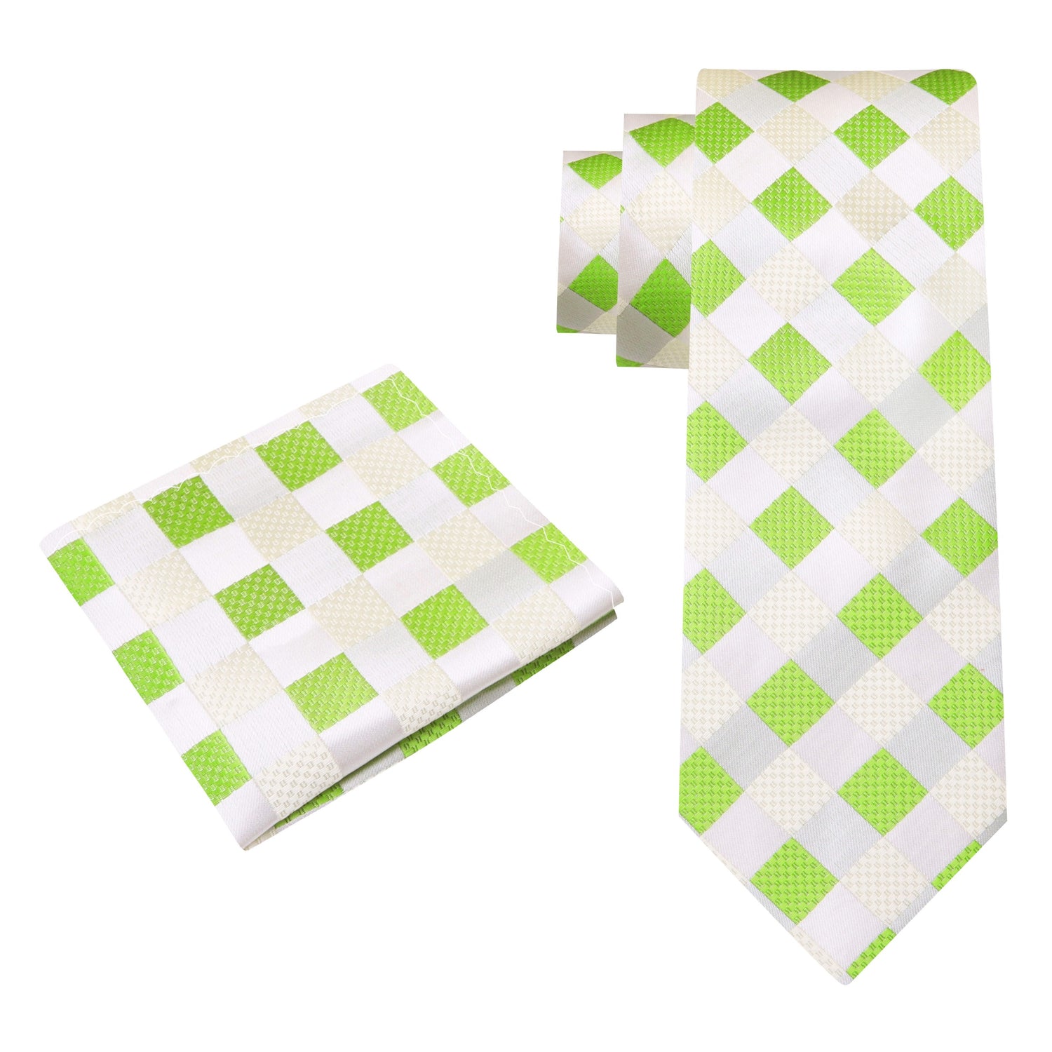 Alt View: A Lime, Light Green Check Pattern Silk Necktie, Matching Pocket Square
