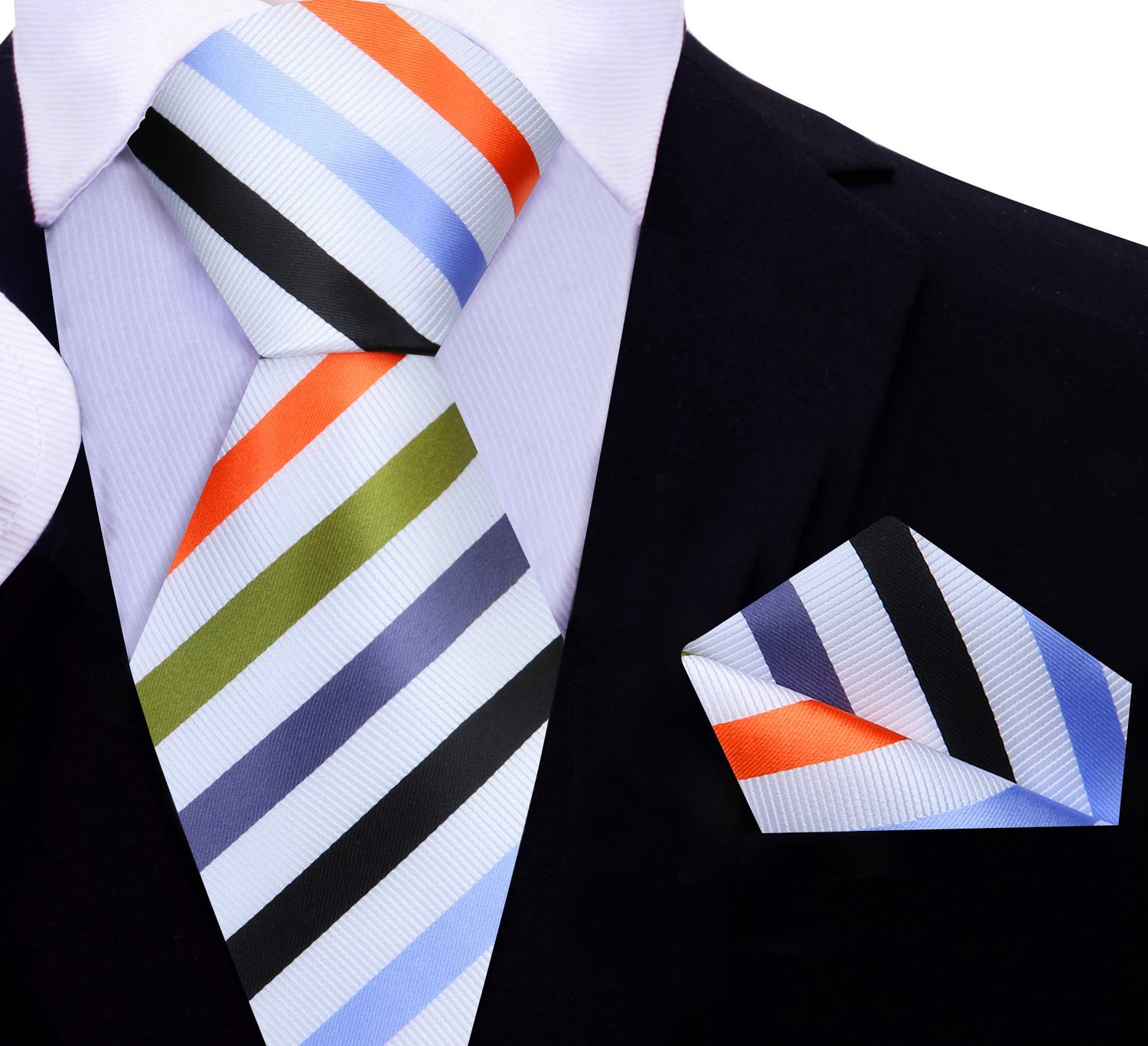 A White, Olive, Orange, Black, Light Blue, Grey Stripe Silk Necktie, Matching Pocket Square