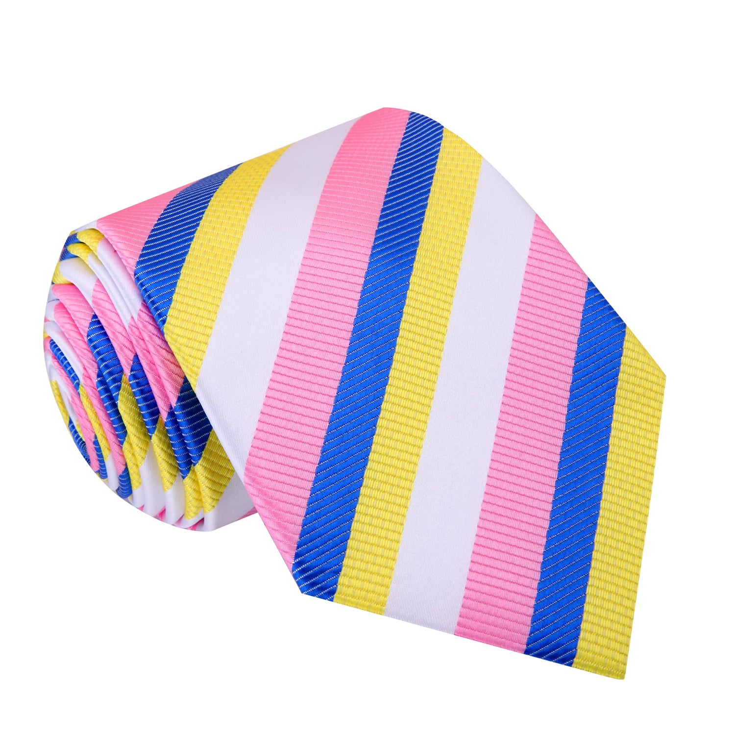 A White, Light Blue, Yellow, Pink Stripe Pattern Silk Necktie 