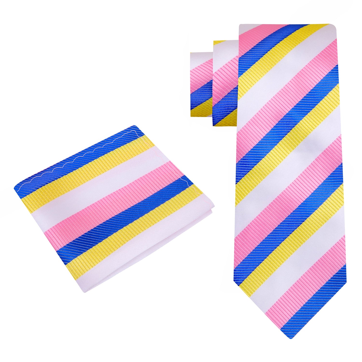 Alt View: A White, Light Blue, Yellow, Pink Stripe Pattern Silk Necktie, Matching Pocket Square
