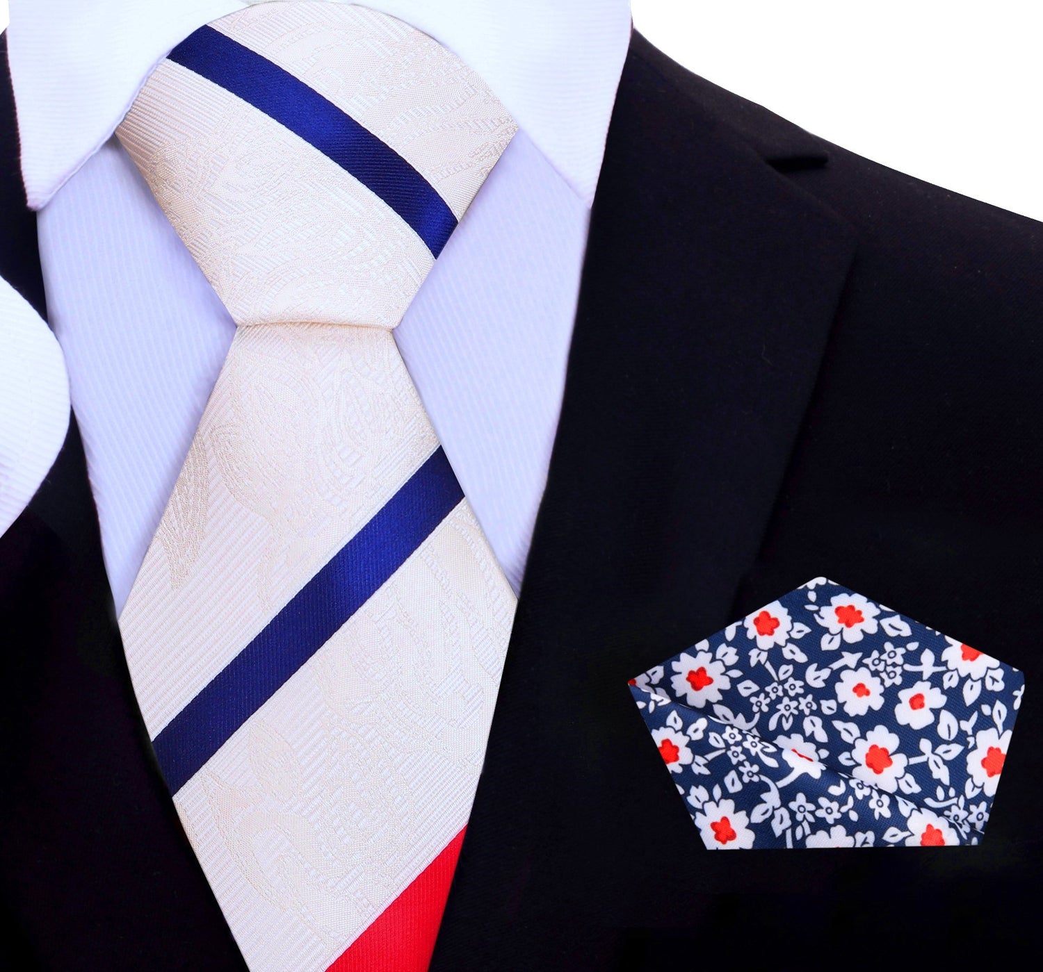 White, Blue and Red Stripe Tie and Accenting Floral Square