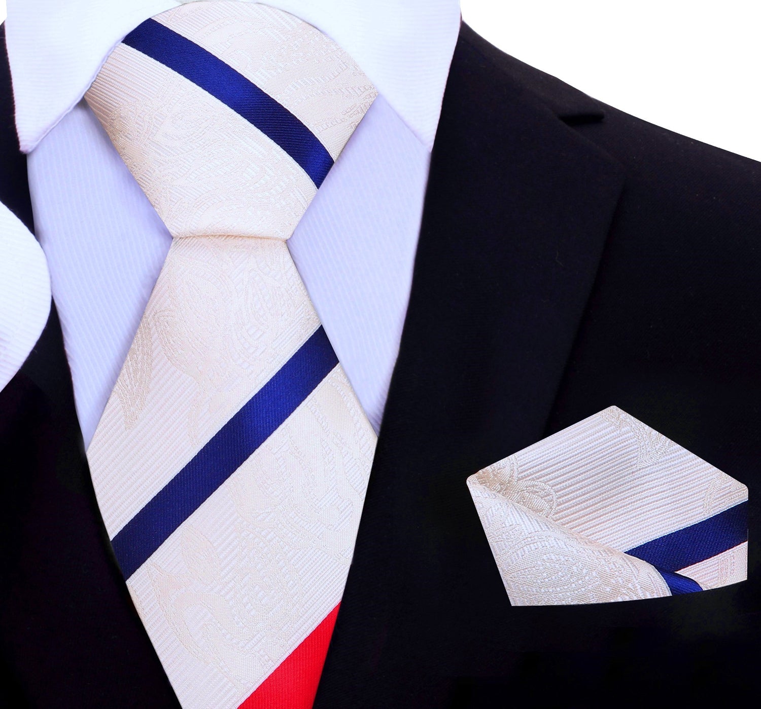 White, Red, Blue Stripe Tie and Pocket Square
