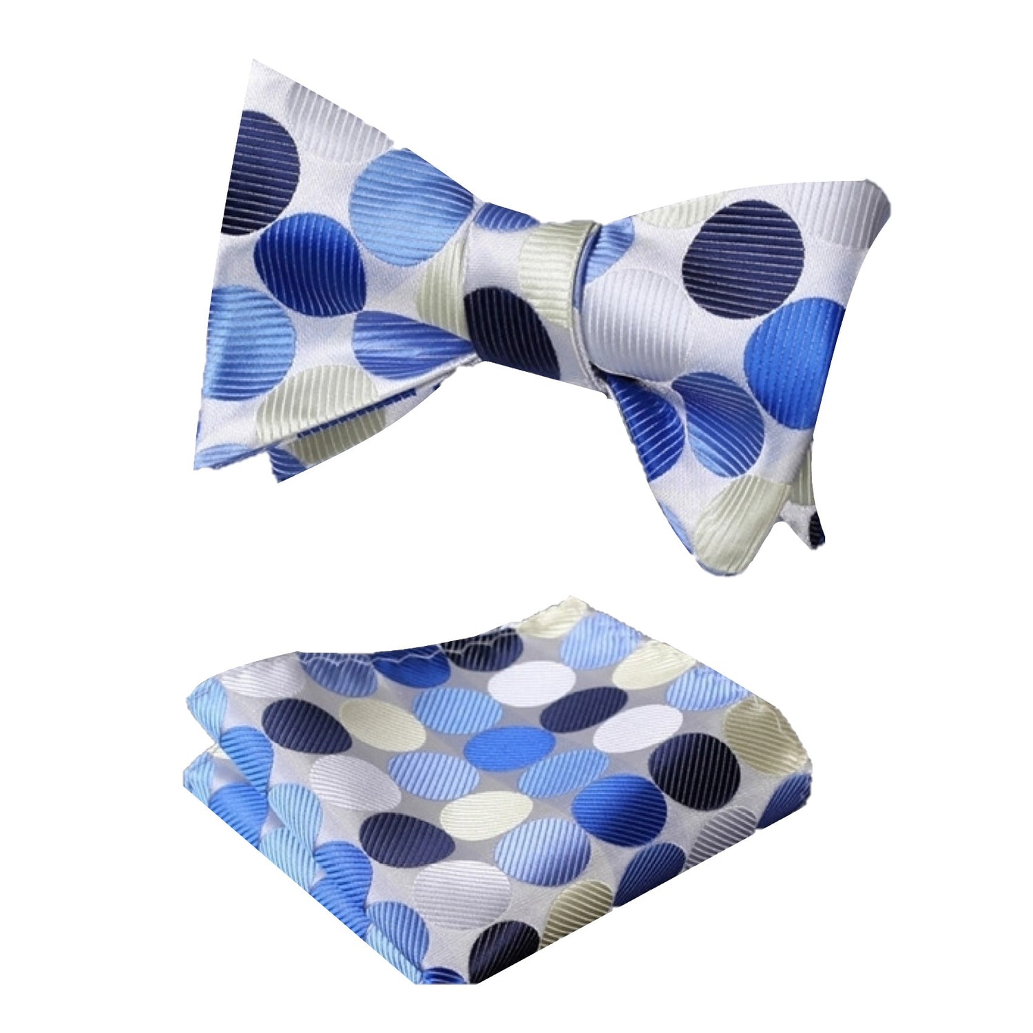White, Blue Polka Bow Tie and Pocket Square