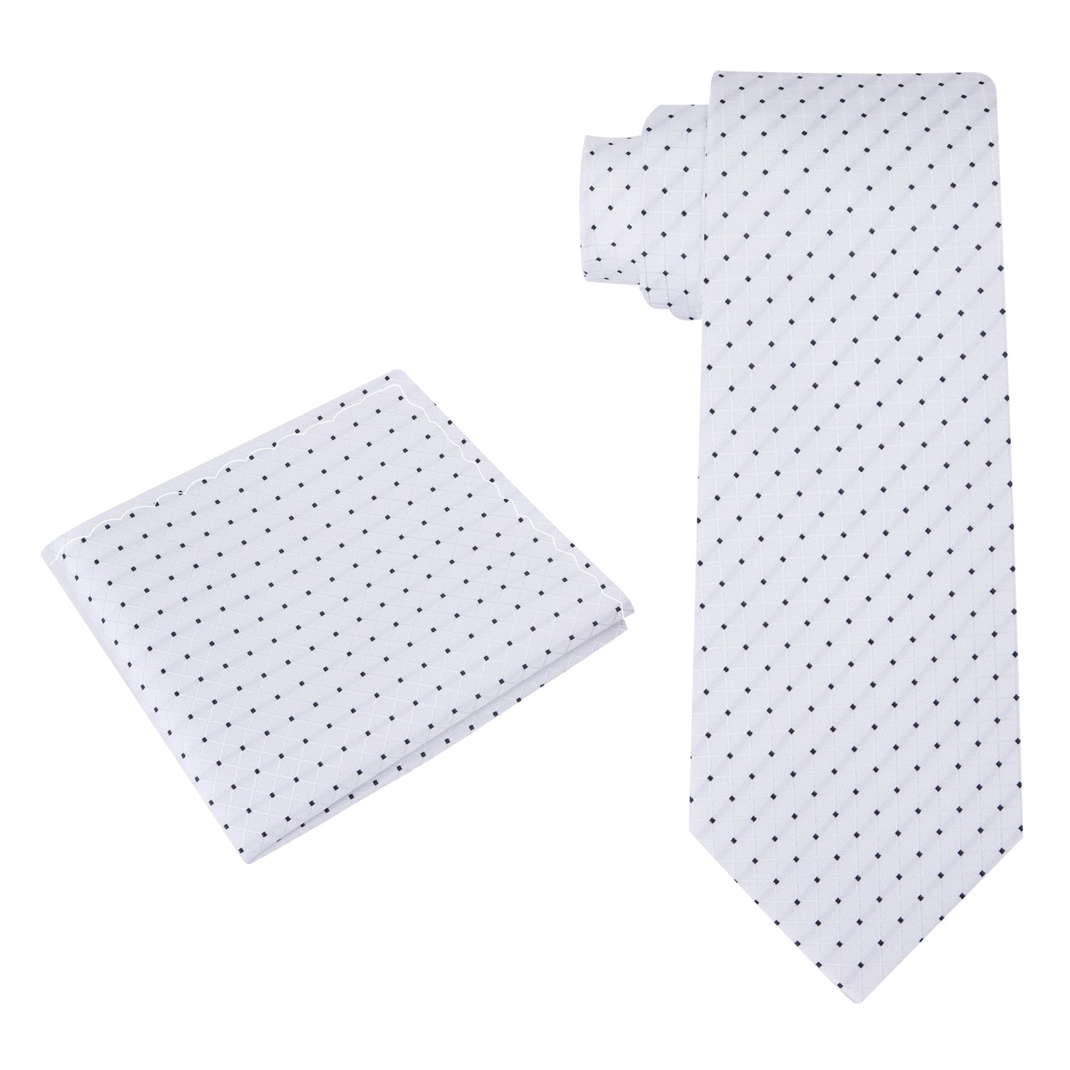 View 2: A White With Black Geometric Dots Pattern Silk Necktie With Matching Pocket Square