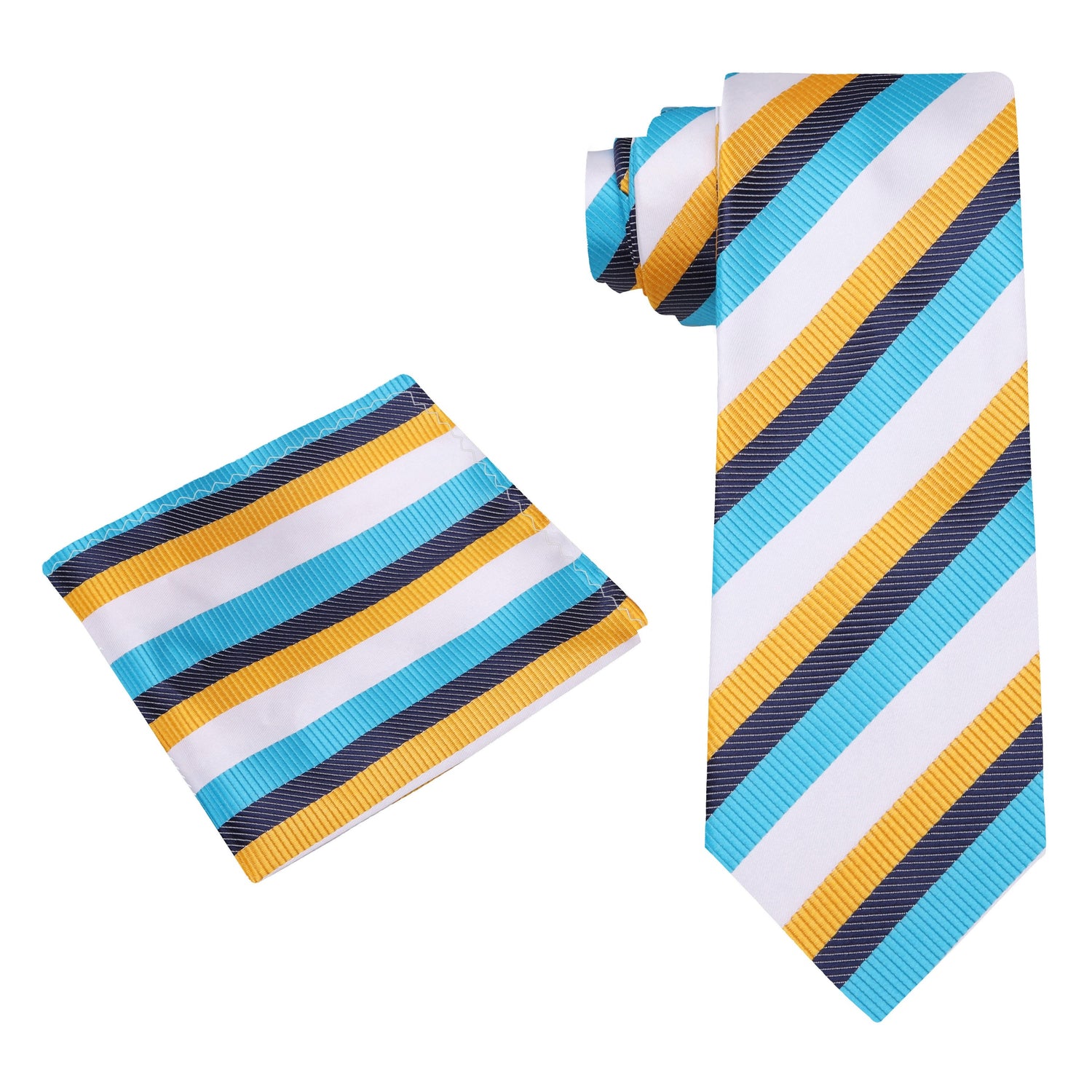 Alt View: A White, Light Blue, Yellow, Blue Stripe Pattern Silk Necktie, Matching Pocket Square