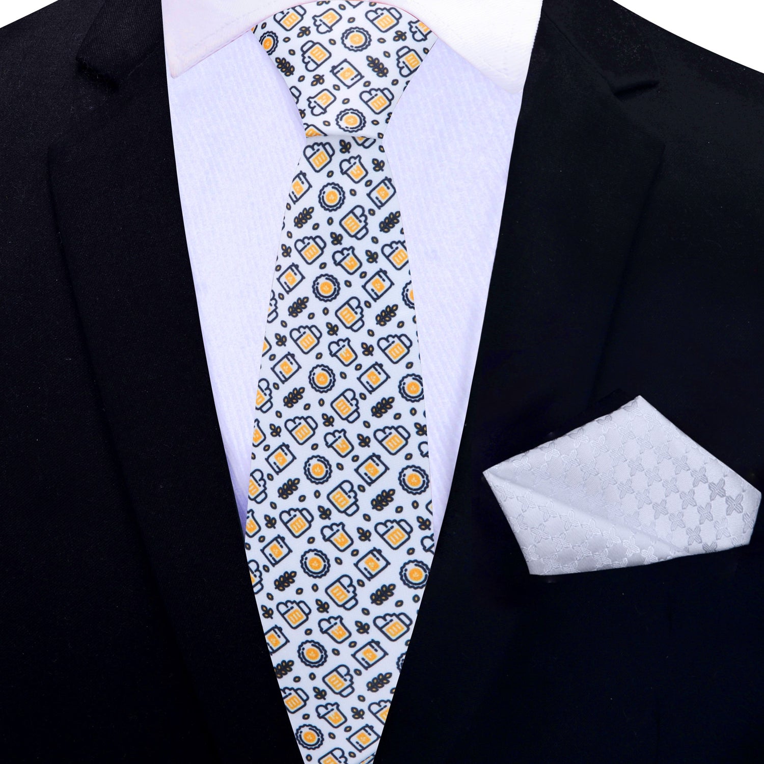 Thin Tie: White, Yellow, Black Beer Themed Silk Tie and Pocket Square