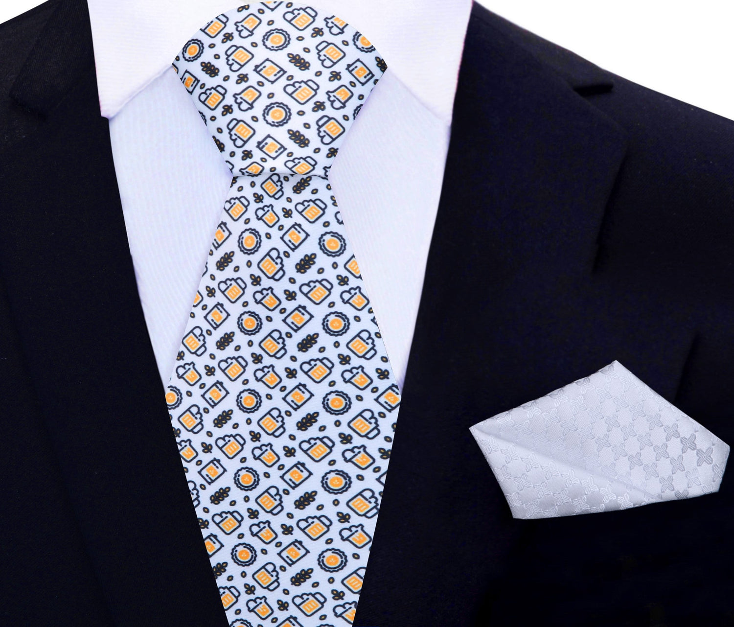 White, Yellow, Black Beer Themed Silk Tie and Pocket Square