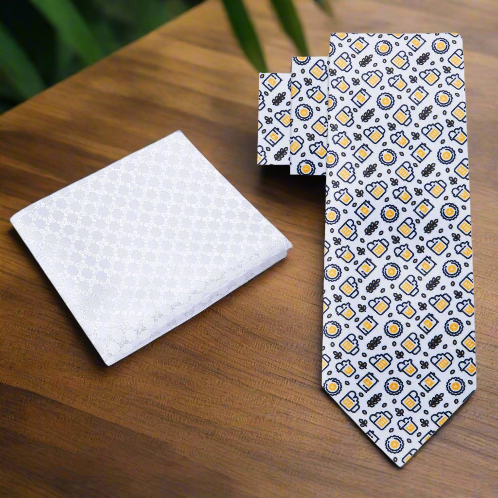 Alt View: White, Yellow, Black Beer Themed Silk Tie and Pocket Square