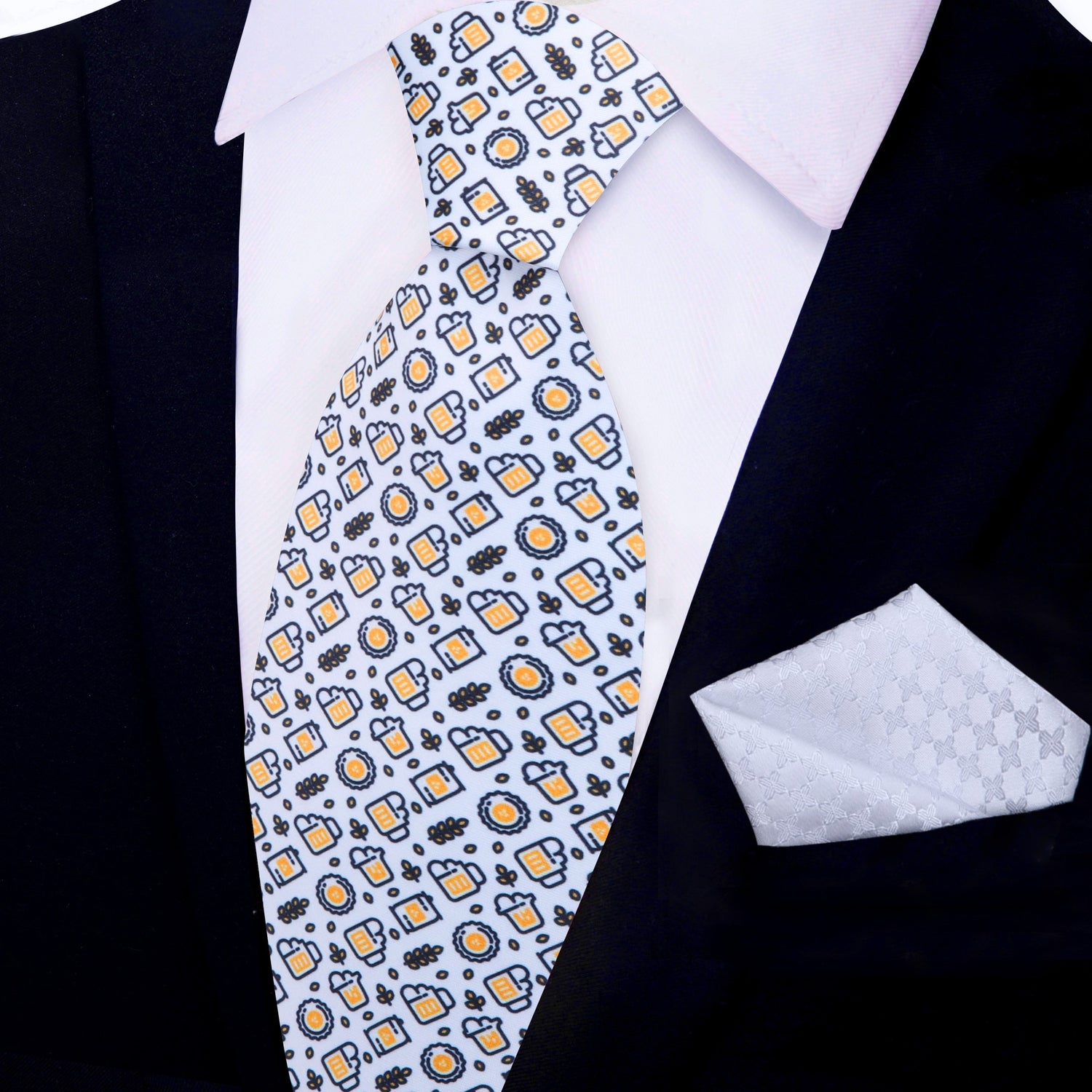 View 2: White, Yellow, Black Beer Themed Silk Tie and Pocket Square