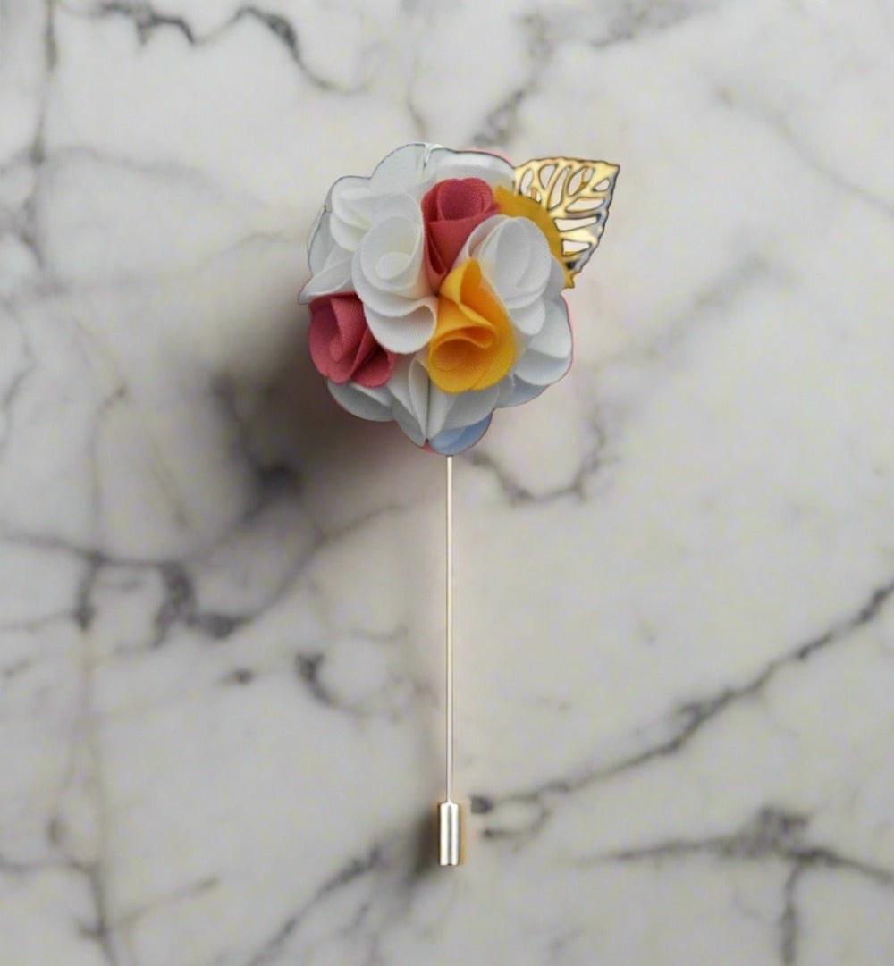 A White, Yellow, pink Detailed Lapel Flower With Gold Colored Metal Leaf Lapel Pin||White, Yellow, Pink