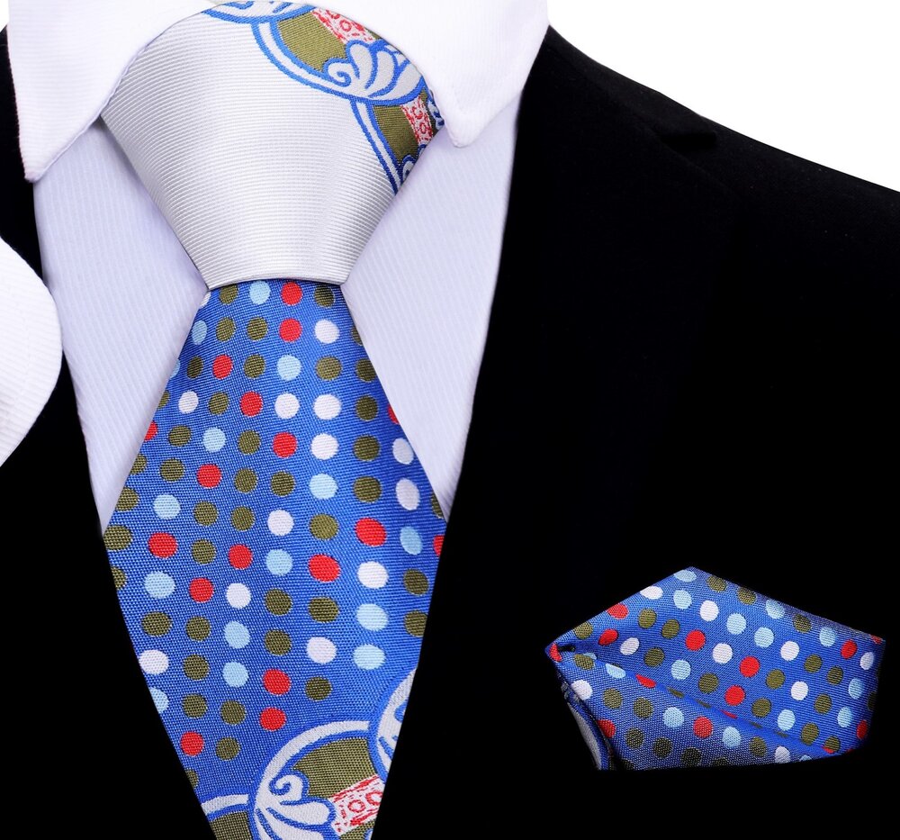 A White, Blue, Red, Green Wavy Circular Abstract with Dots Pattern Silk Necktie, With Matching Pocket Square