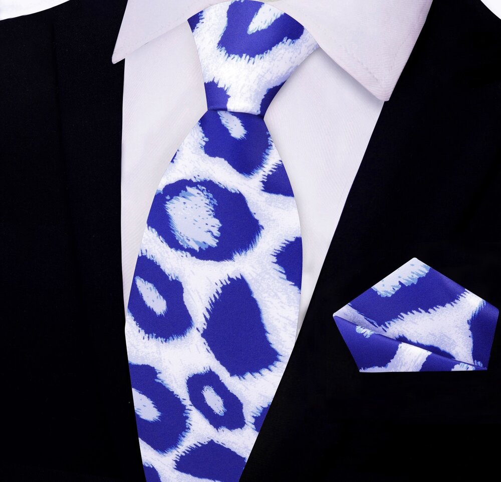 Coach PRIME White Blue Leopard Print Tie and Pocket Square
