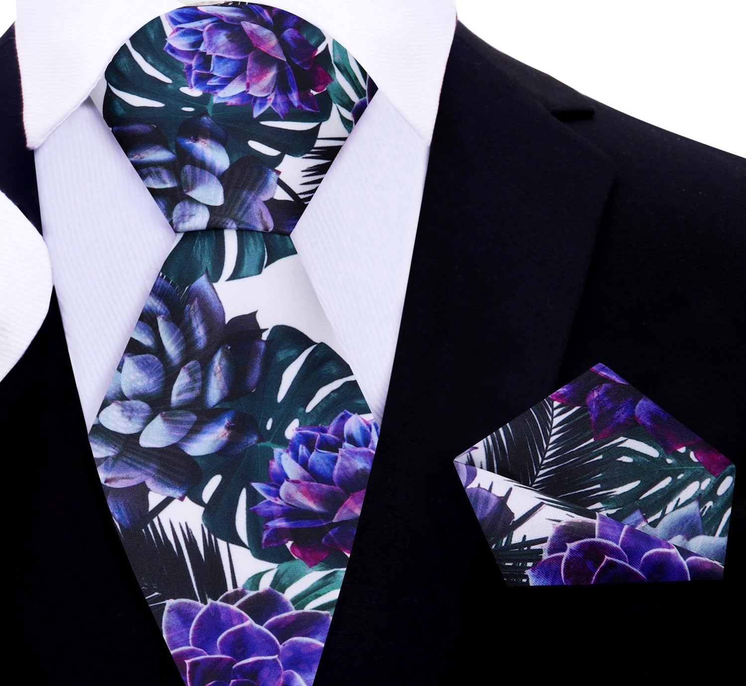 A White, Green, Purple Color Leaf and Flower Pattern Silk Tie Main View