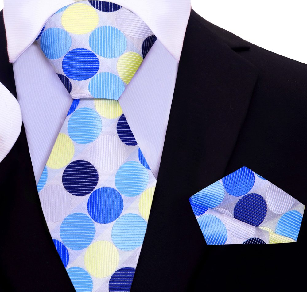 A White, Dark Blue, Blue Large Polka Dot Pattern Silk Necktie With Matching Pocket Square||White, Blue, Dark Blue