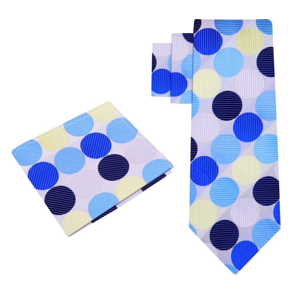 Alt View: A White, Dark Blue, Blue Large Polka Dot Pattern Silk Necktie With Matching Pocket Square