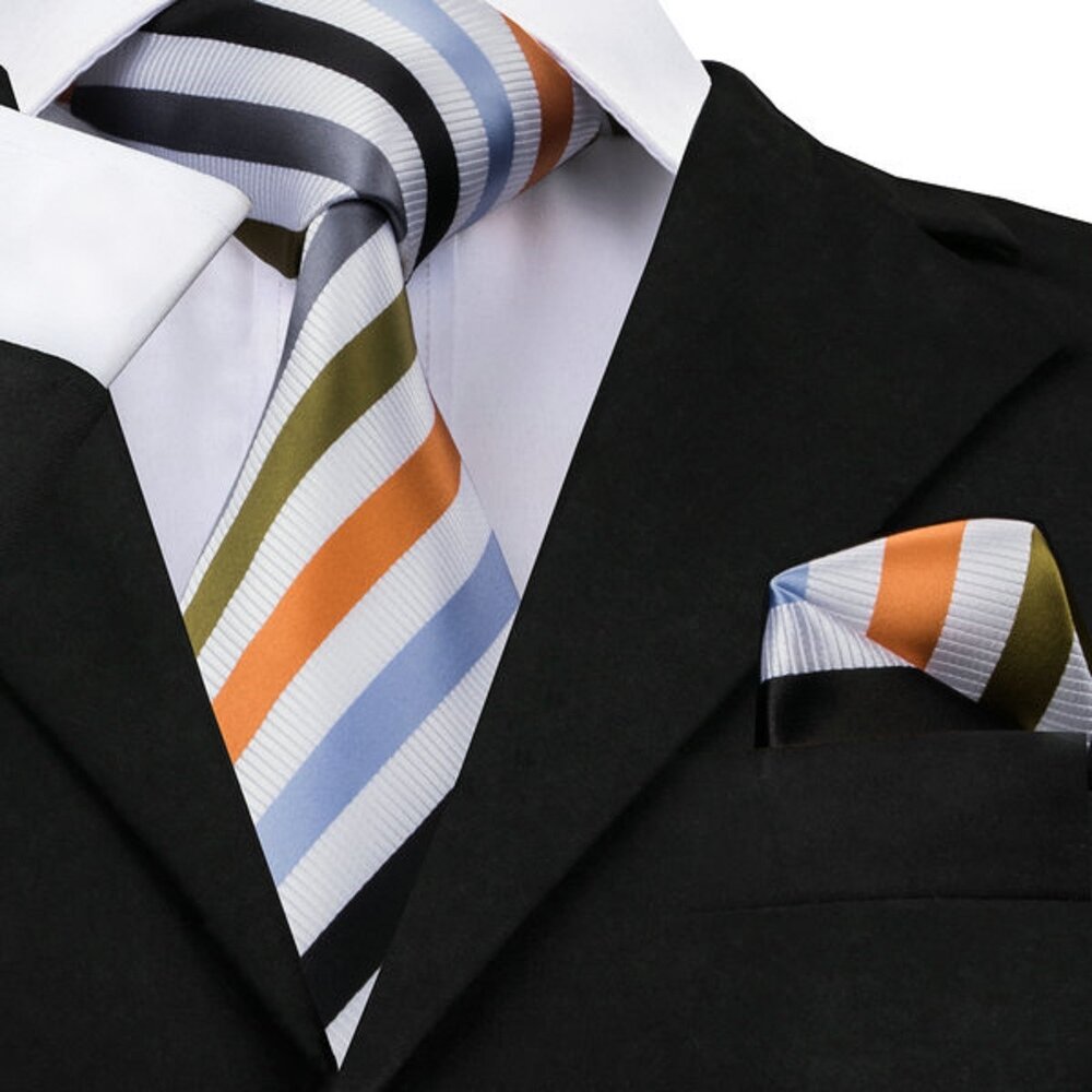 A White with Olive, Orange and Grey Stripe Tie and Square