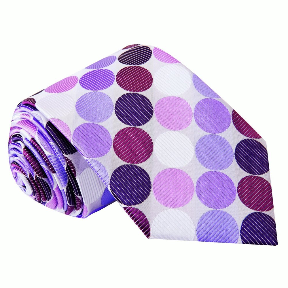 A White, Dark Purple, Purple Large Polka Dot Pattern Silk Necktie||White, Dark Purple, Light Purple