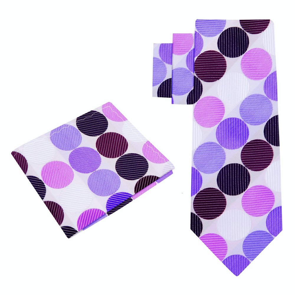 Alt View: A White, Dark Purple, Purple Large Polka Dot Pattern Silk Necktie With Matching Pocket Square