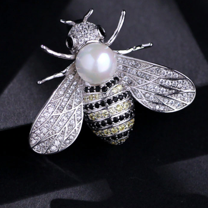D - Chrome Honey Bee With Pearl Color Stone Lapel Pin