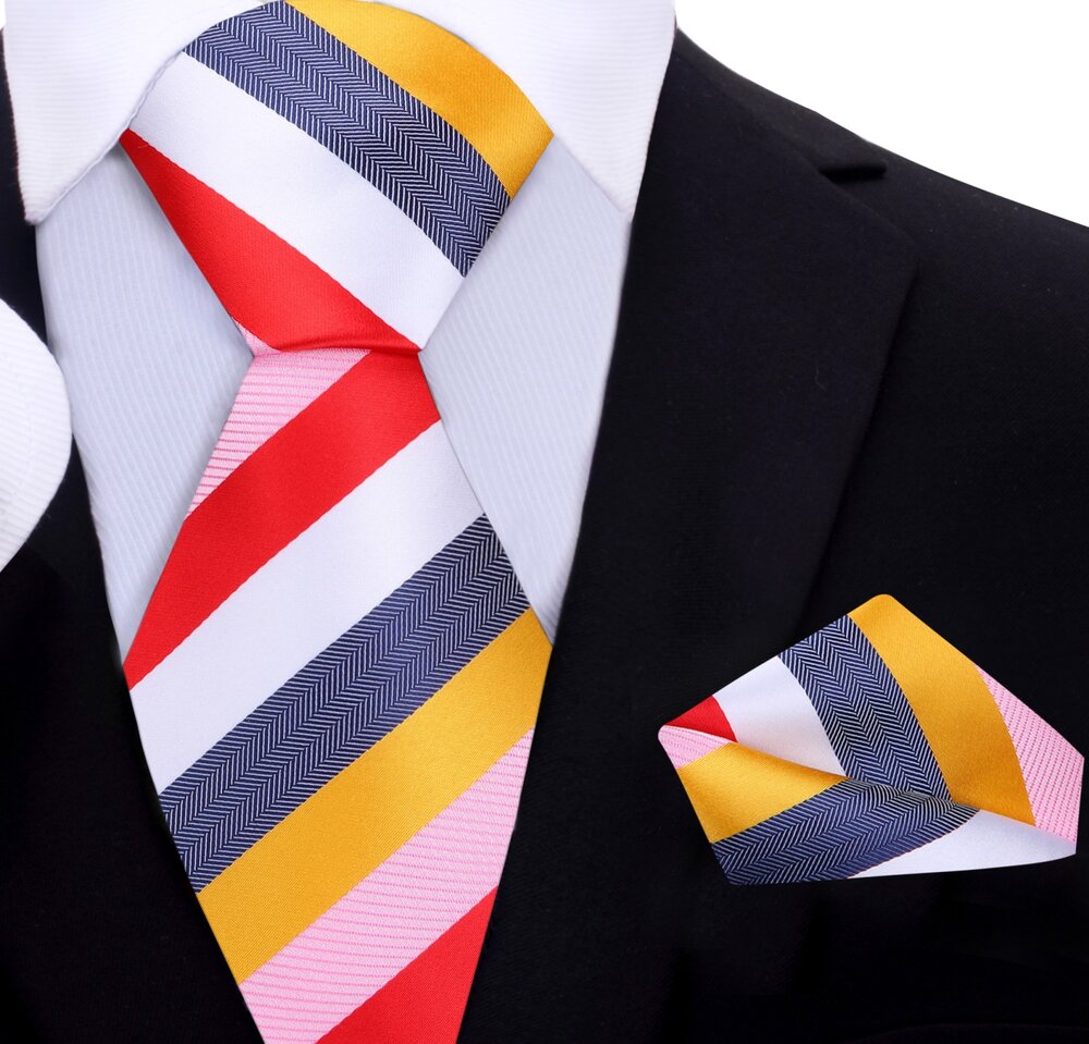 Yellow, White, Pink, Red Stripe Tie and Pocket Square||Red, White, Yellow, Pink