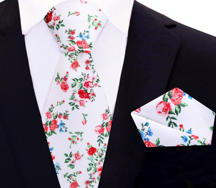 Main View: Coach PRIME Deion Sanders White, Red, Green Rose Bunches Tie and Pocket Square