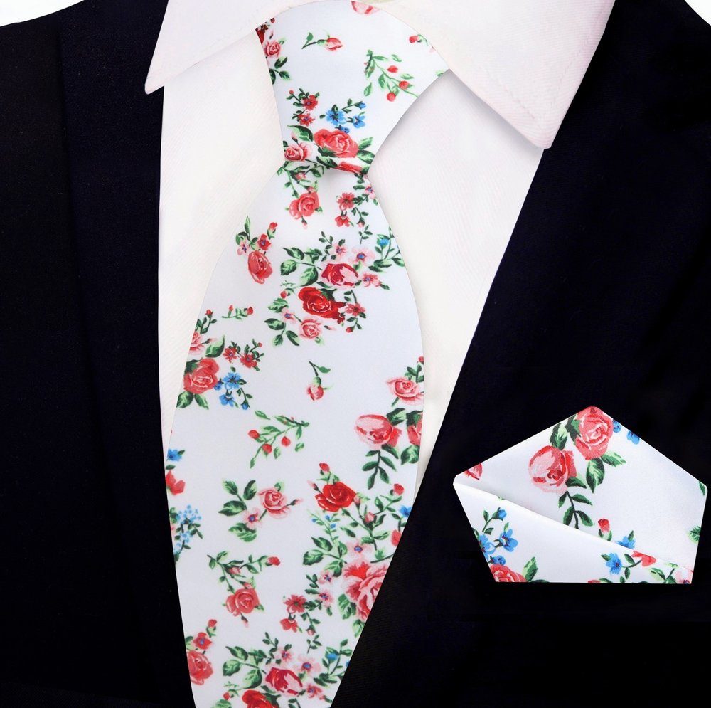  Coach PRIME Deion Sanders White, Red, Green Rose Bunches Tie and Pocket Square||White
