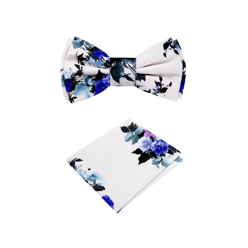 A Ivory, Blue, Purple Floral Pattern Silk Self Tie Bow Tie With Matching Pocket Square||Ivory