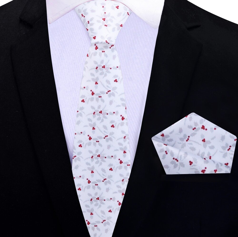 Thin Tie: White, Red, Silver Holly Berries Tie And Pocket Square