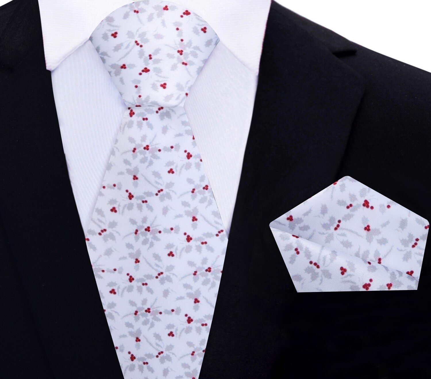 Main View: White, Red, Silver Holly Berries Tie And Pocket Square