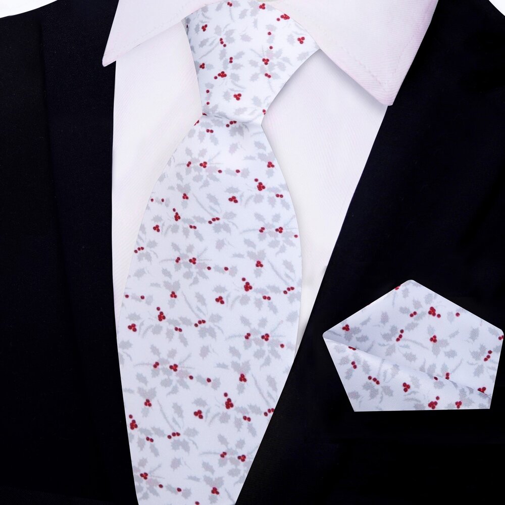 White, Red, Silver Holly Berries Tie And Pocket Square