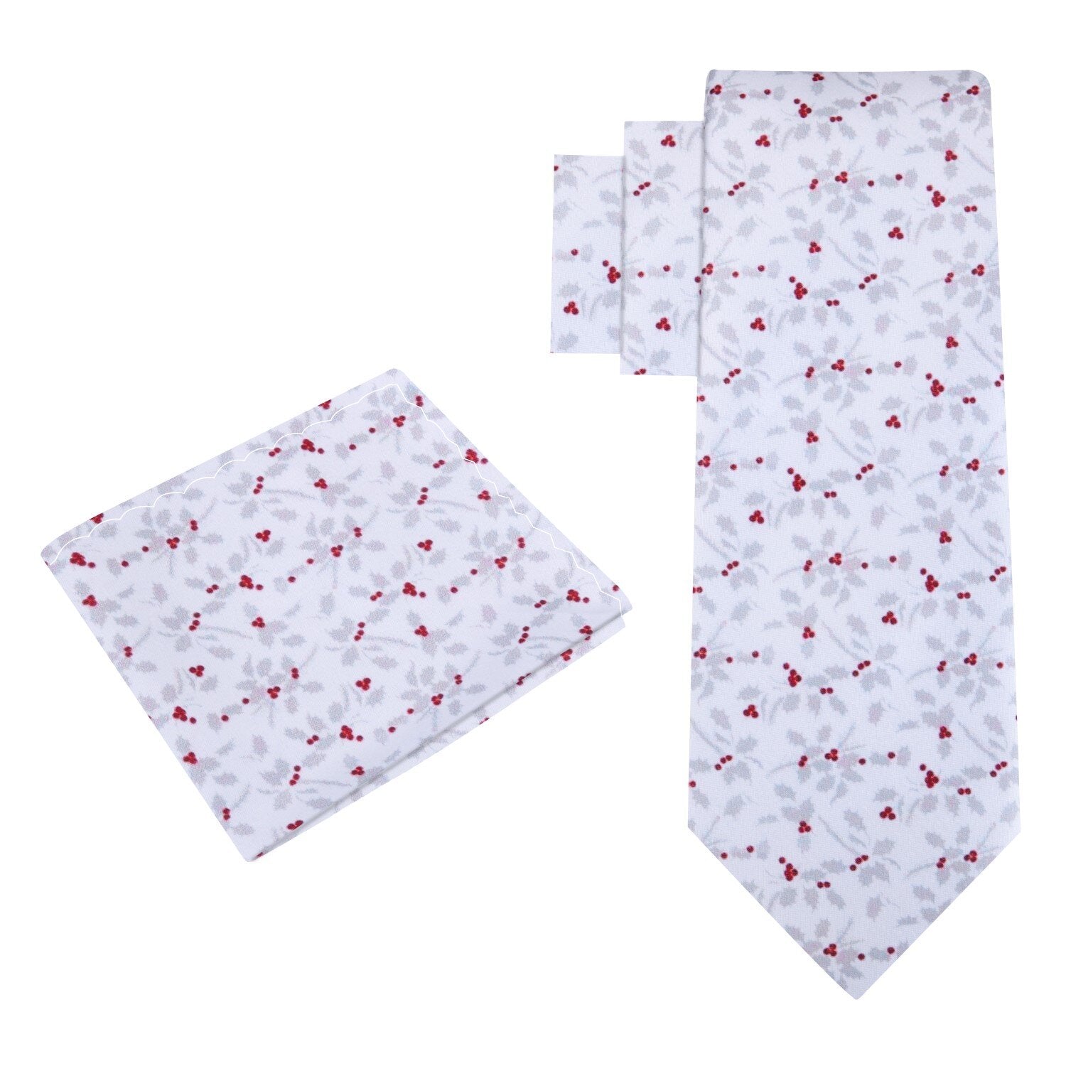 Alt View: White, Red, Silver Holly Berries Tie And Pocket Square