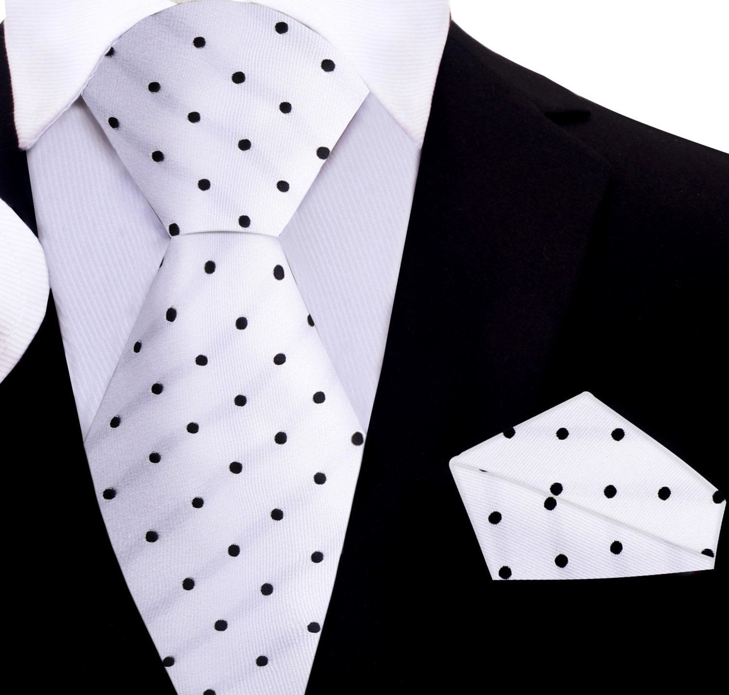 White with Small Black Dots Tie and Pocket Square