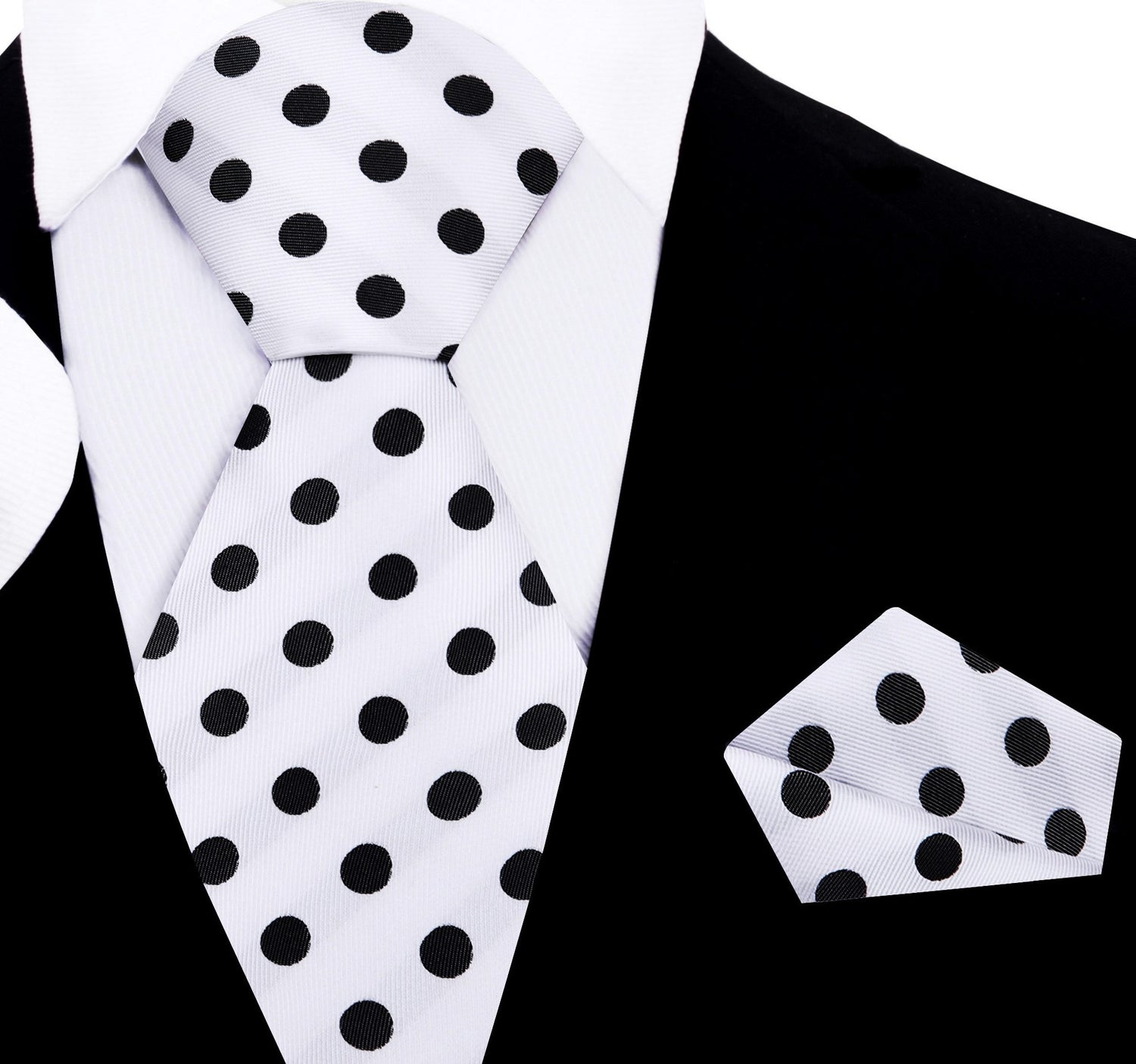 A Off-White, Black Polka Dot Pattern Silk Necktie, Matching Pocket Square