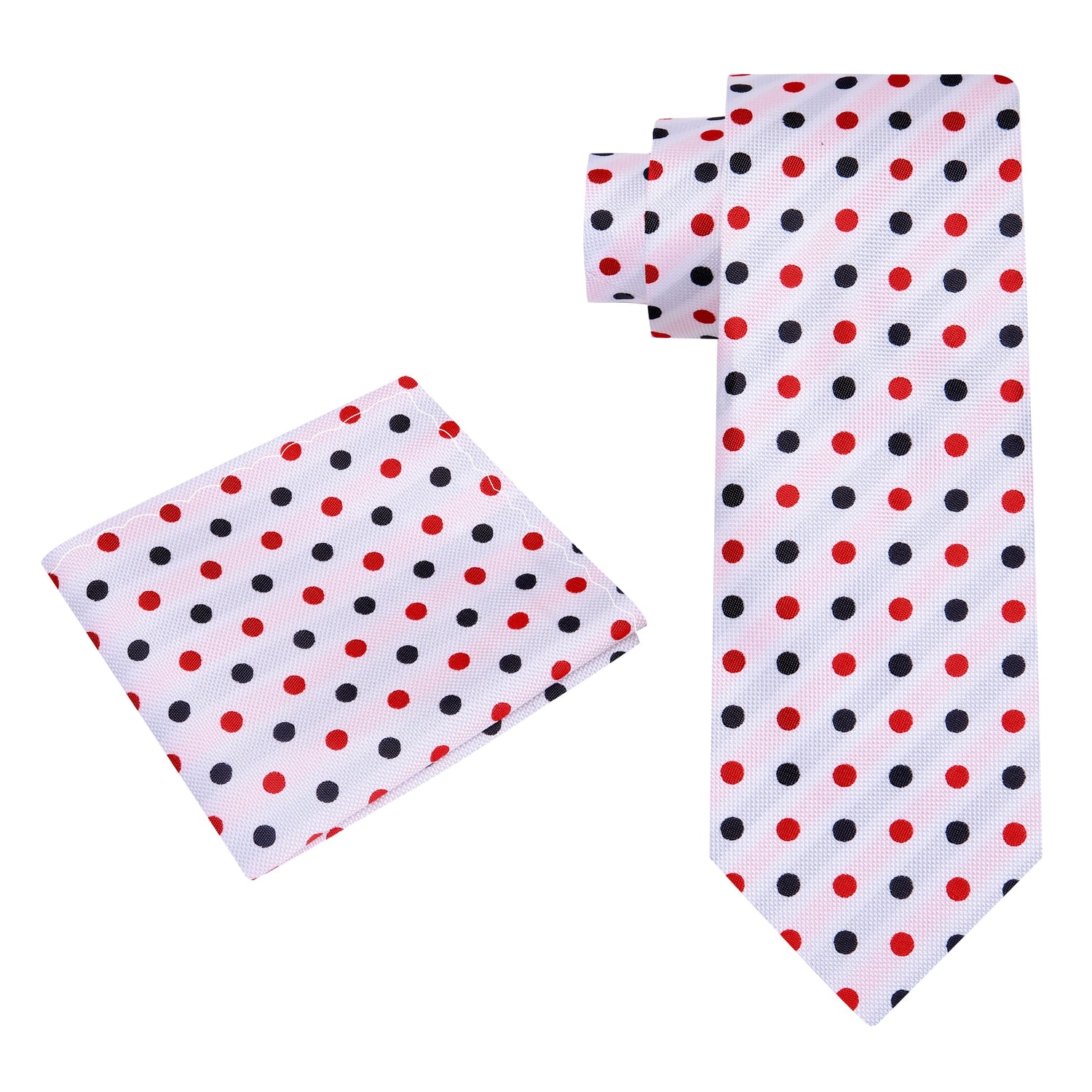 Alt View: A White, Black, Red Polka Dot Pattern Silk Necktie, Pocket Square