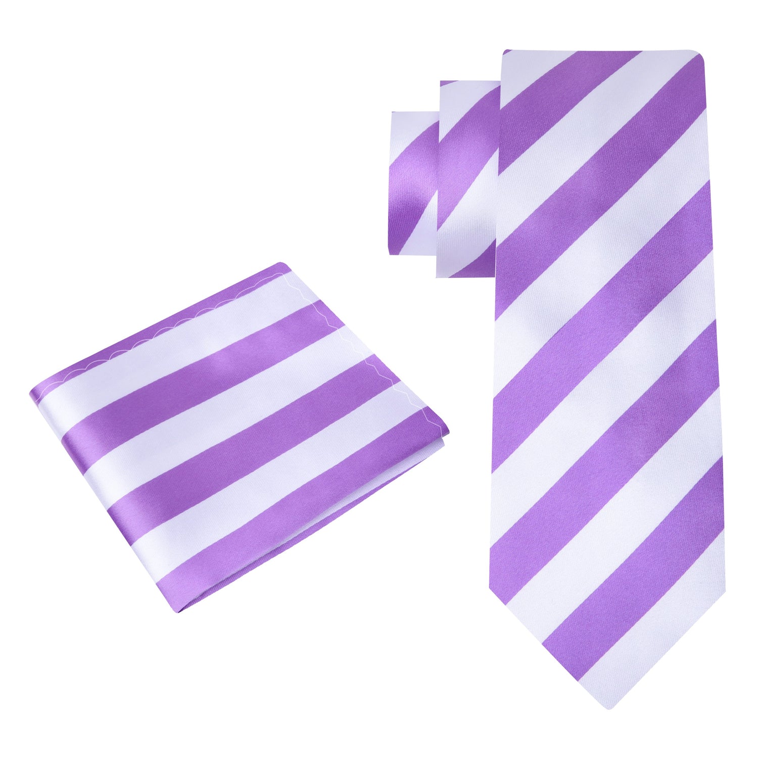 Alt View: A Light Purple, White Stripe Pattern Silk Necktie, Pocket Square