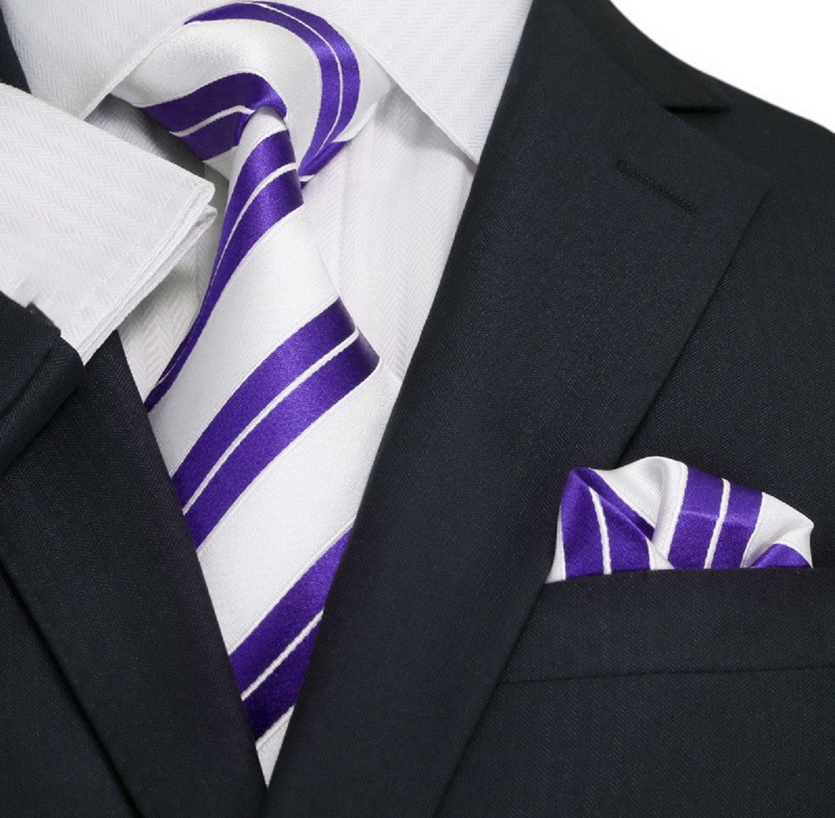 White, Purple Dapper Stripe Tie and Pocket Square