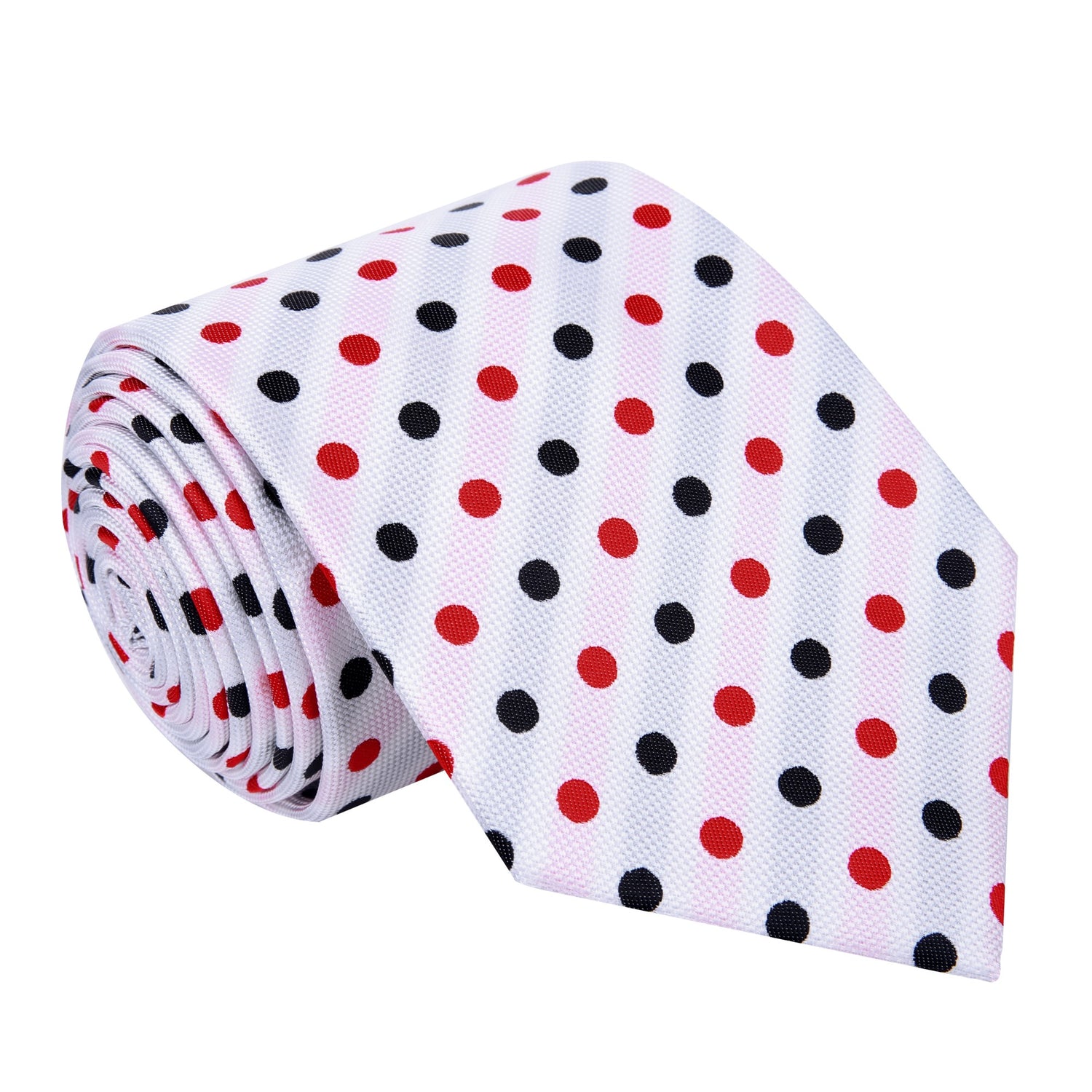 A White, Black, Red Polka Dot Pattern Silk Necktie 