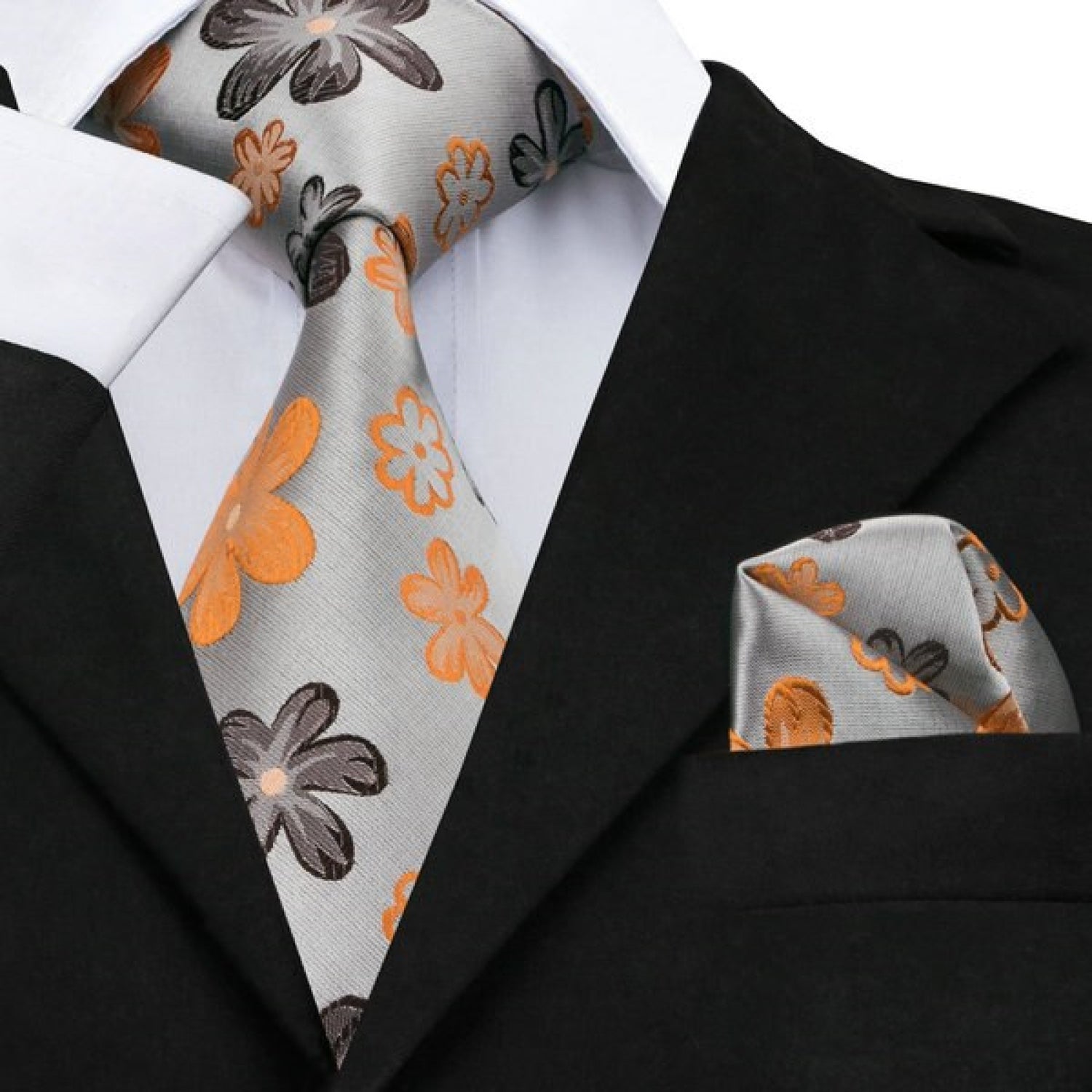 Grey, Orange, Brown Flowers Tie and Pocket Square