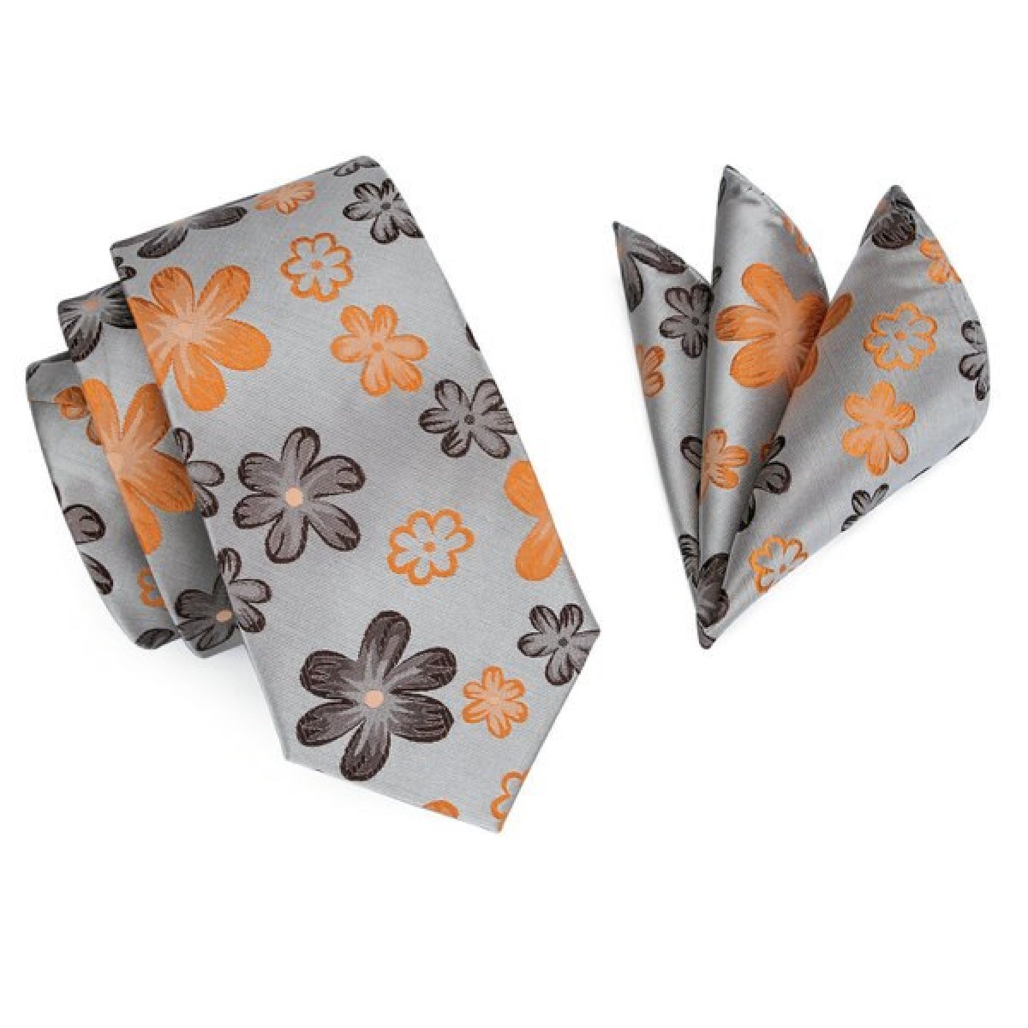 Alt View Grey, Orange, Brown Flowers Tie and Pocket Square