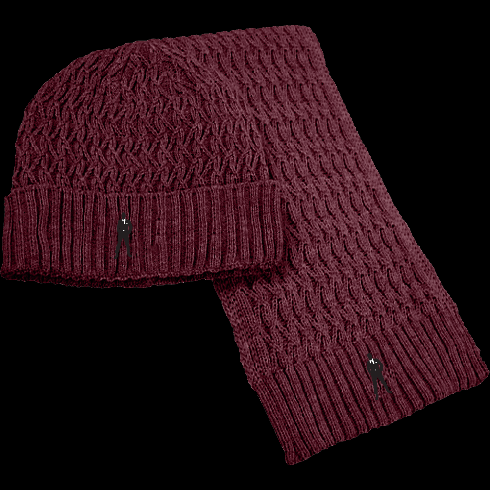 view 2 burgundy scarf and beanie