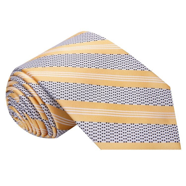 Yellow, Black, Light Grey Stripes With Dot Silk Necktie