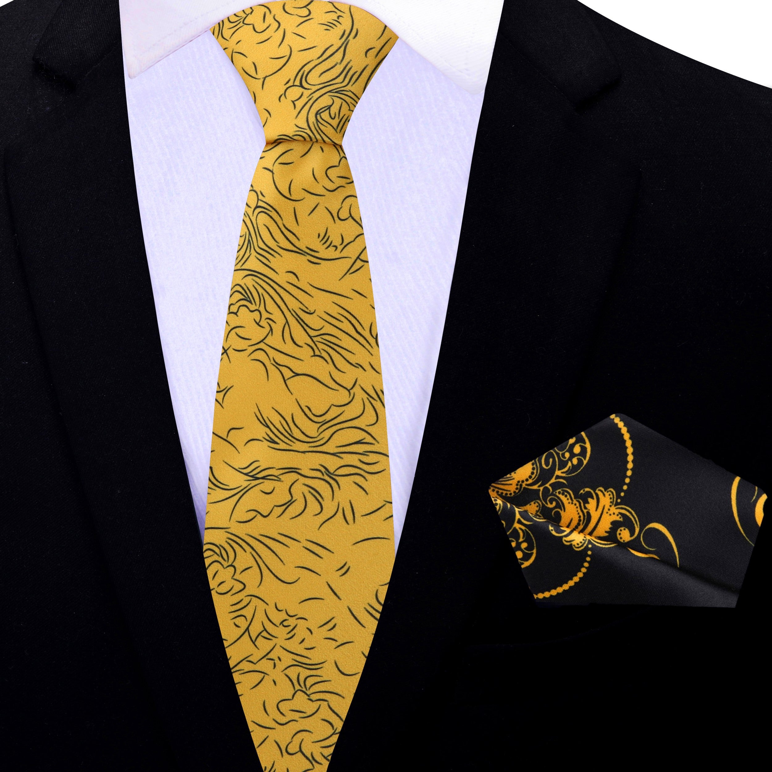 Golden Abstract Necktie Set Yellow Linework Tie Necktie & Square / XL (63") / 2.5" Inches Golden Abstract Necktie Set Yellow Linework Tie Necktie & Square / XL (63") / 2.5" Inches