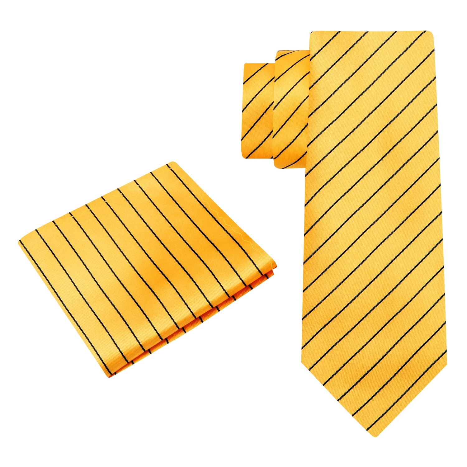 Alt View: A Yellow, Black Stripe Pattern Silk Necktie, Matching Pocket Square