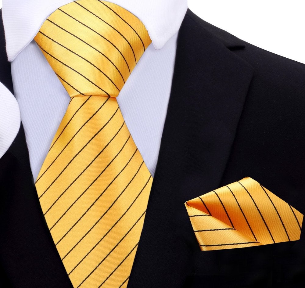 A Yellow, Black Stripe Pattern Silk Necktie, Matching Pocket Square