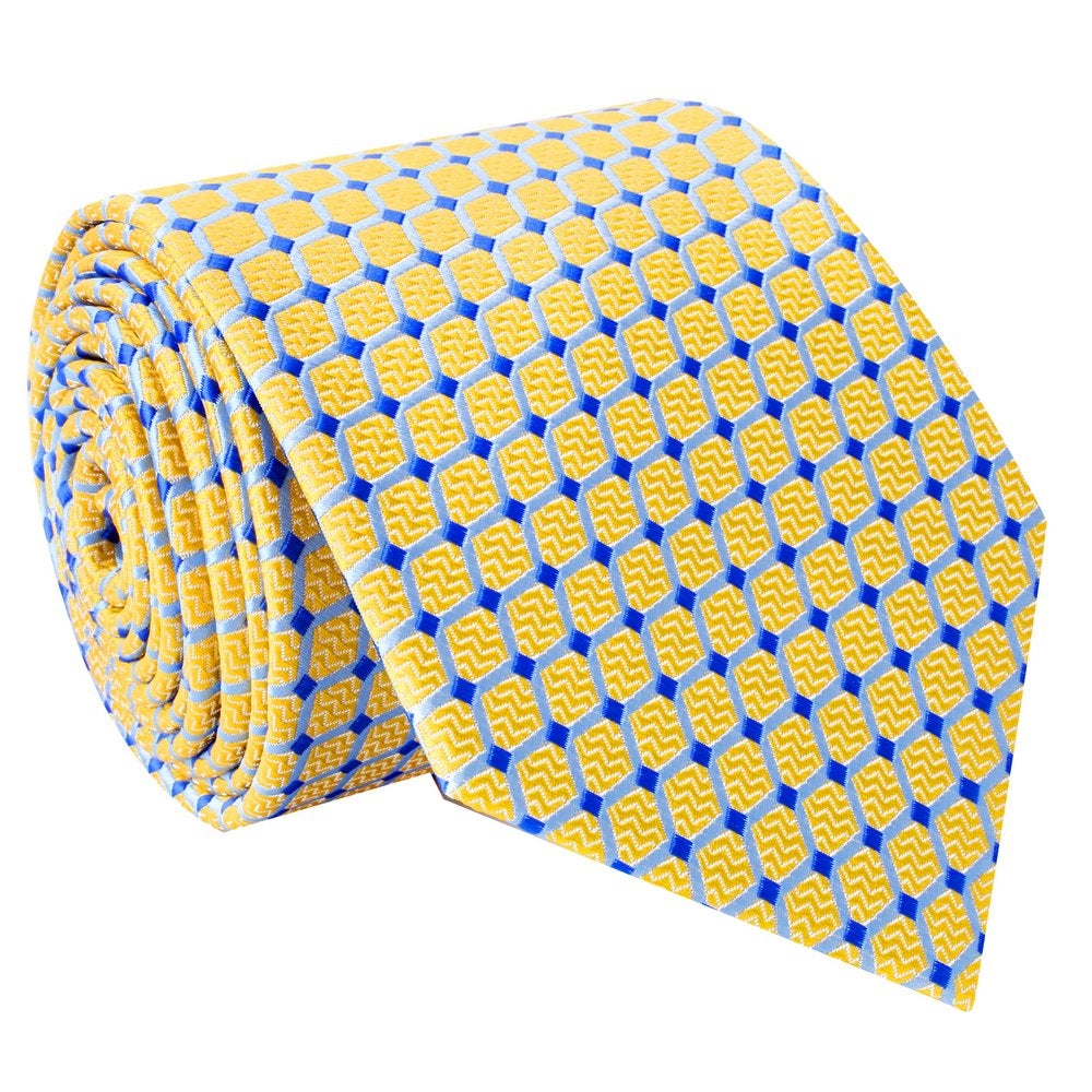 A Yellow, White, Light Blue Geometric Pattern Pattern Silk Necktie